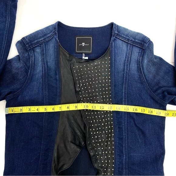 7 for All Mankind Studded Leather Open Front Denim Jacket Blue & Black Size L - Picture 7 of 8